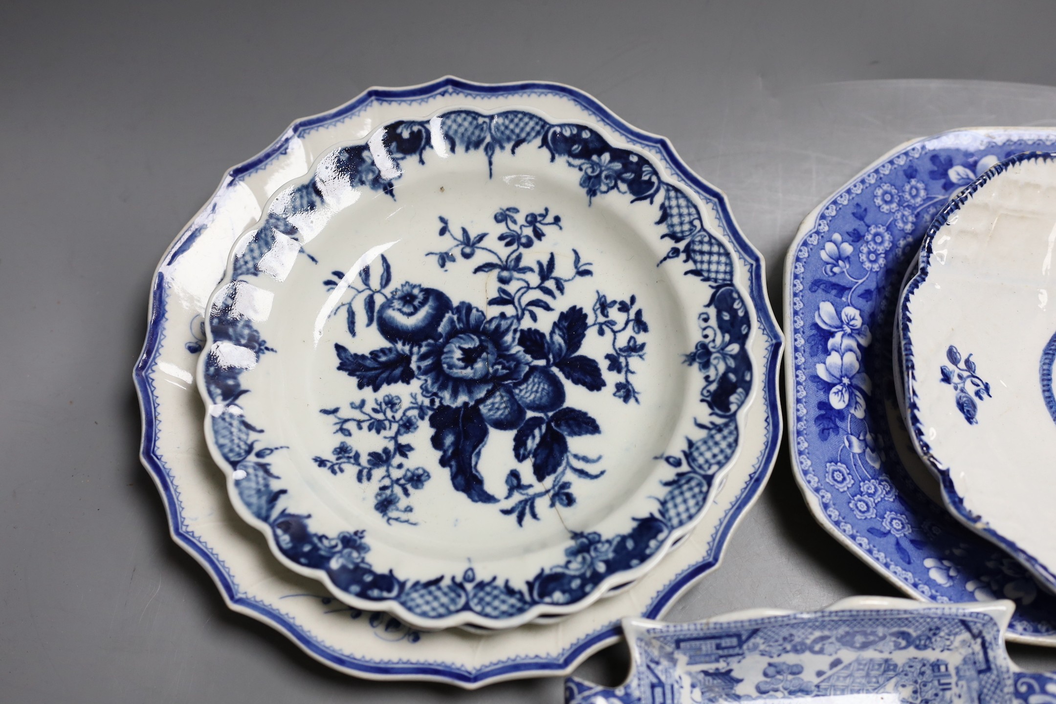 A Bow blue and white dish, 19.5cm, three Worcester blue and white plates, late 18th century and three 19th century blue and white pottery dishes